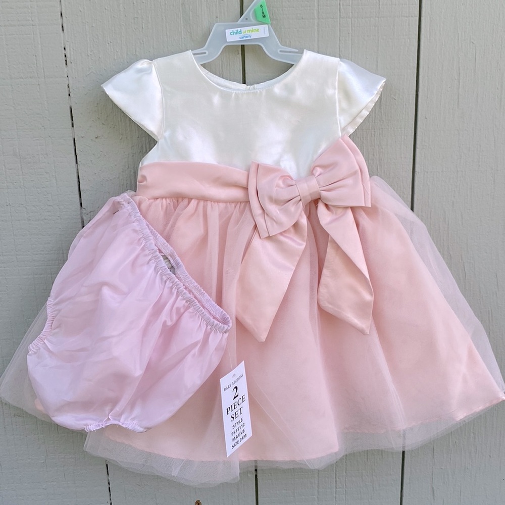 Rare Editions Baby Girl 24M Mesh bow dress white satin pink tulle skirt 2pcs